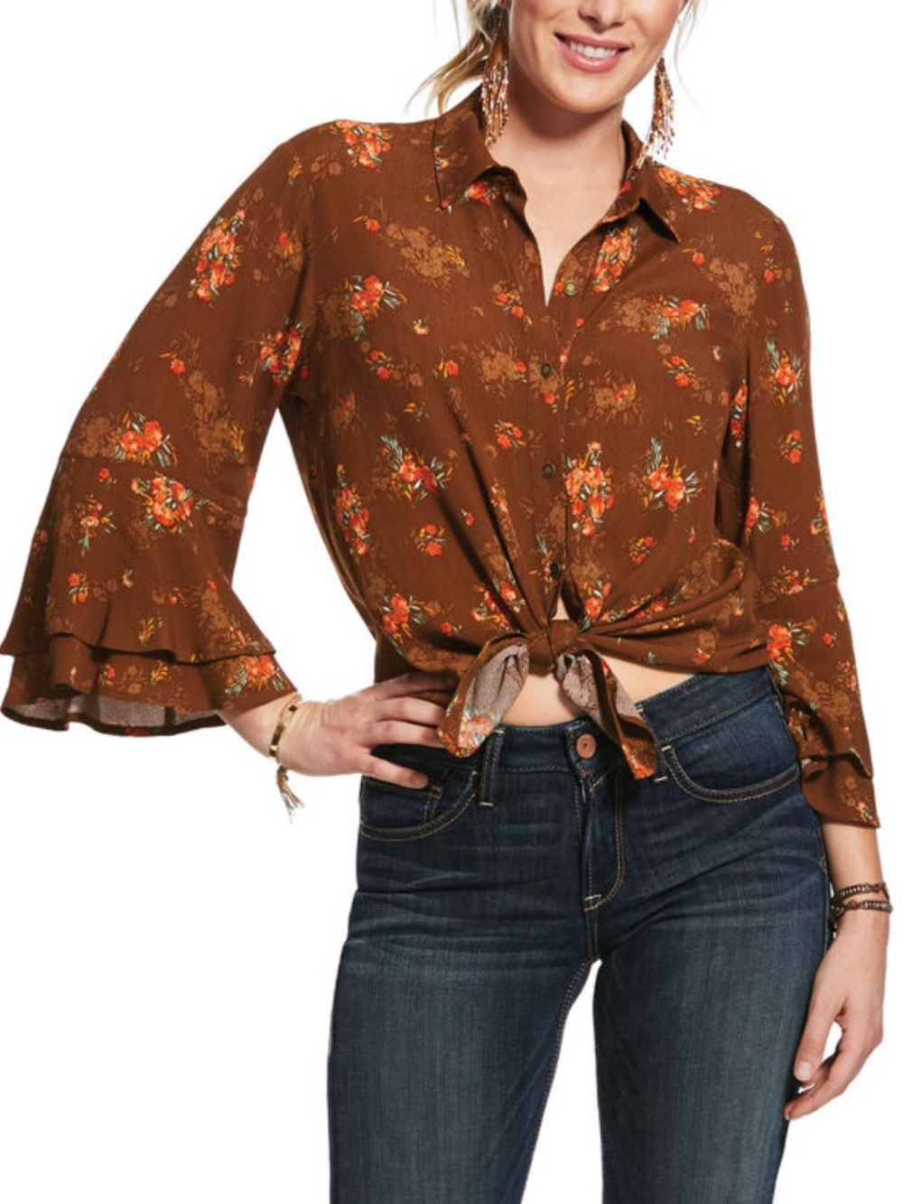 Ariat Wild Flower Top Brown Floral Bell Sleeve Womens Western Rodeo Small